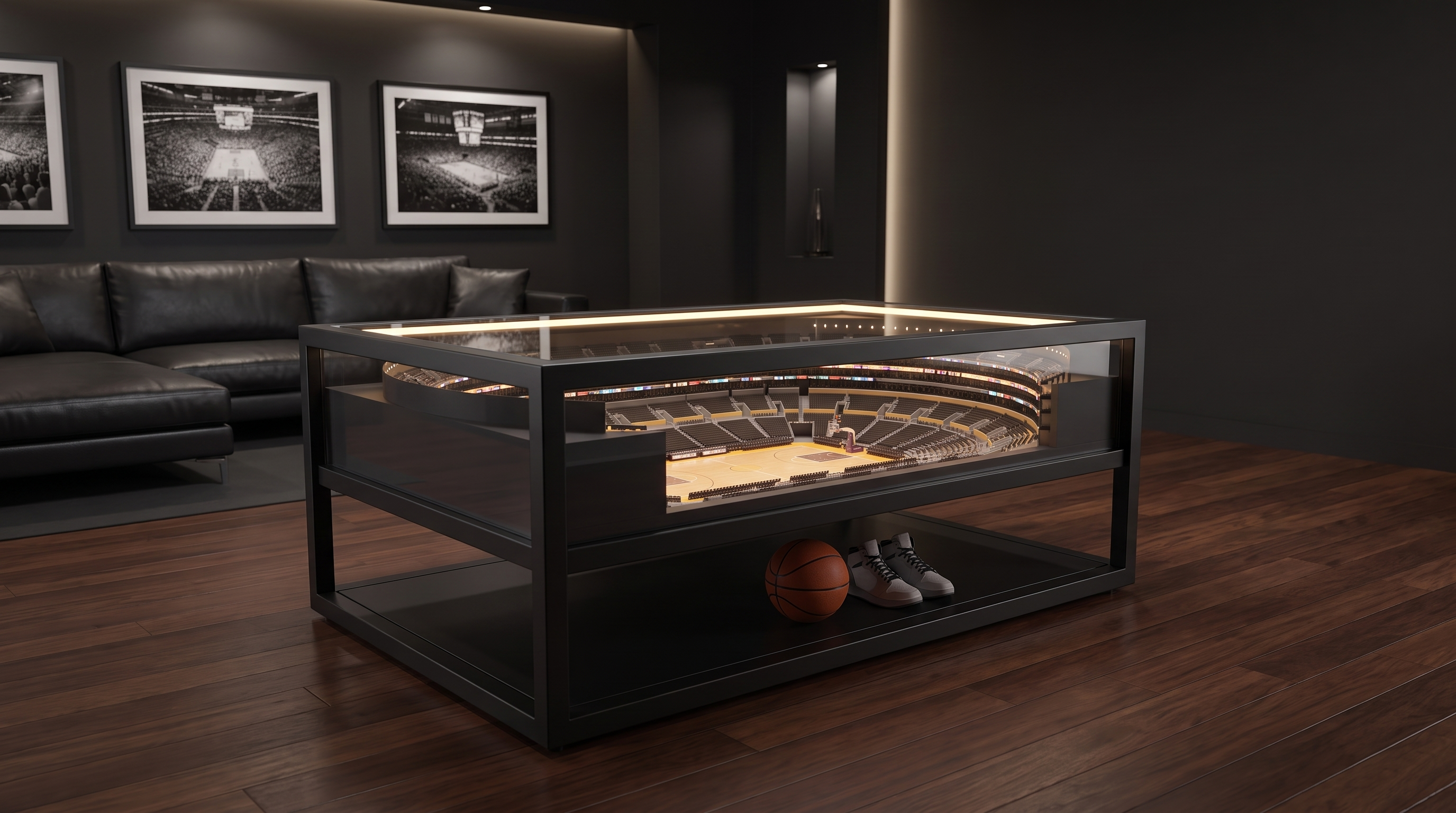 Neutral illuminated basketball arena coffee table in a dark game room