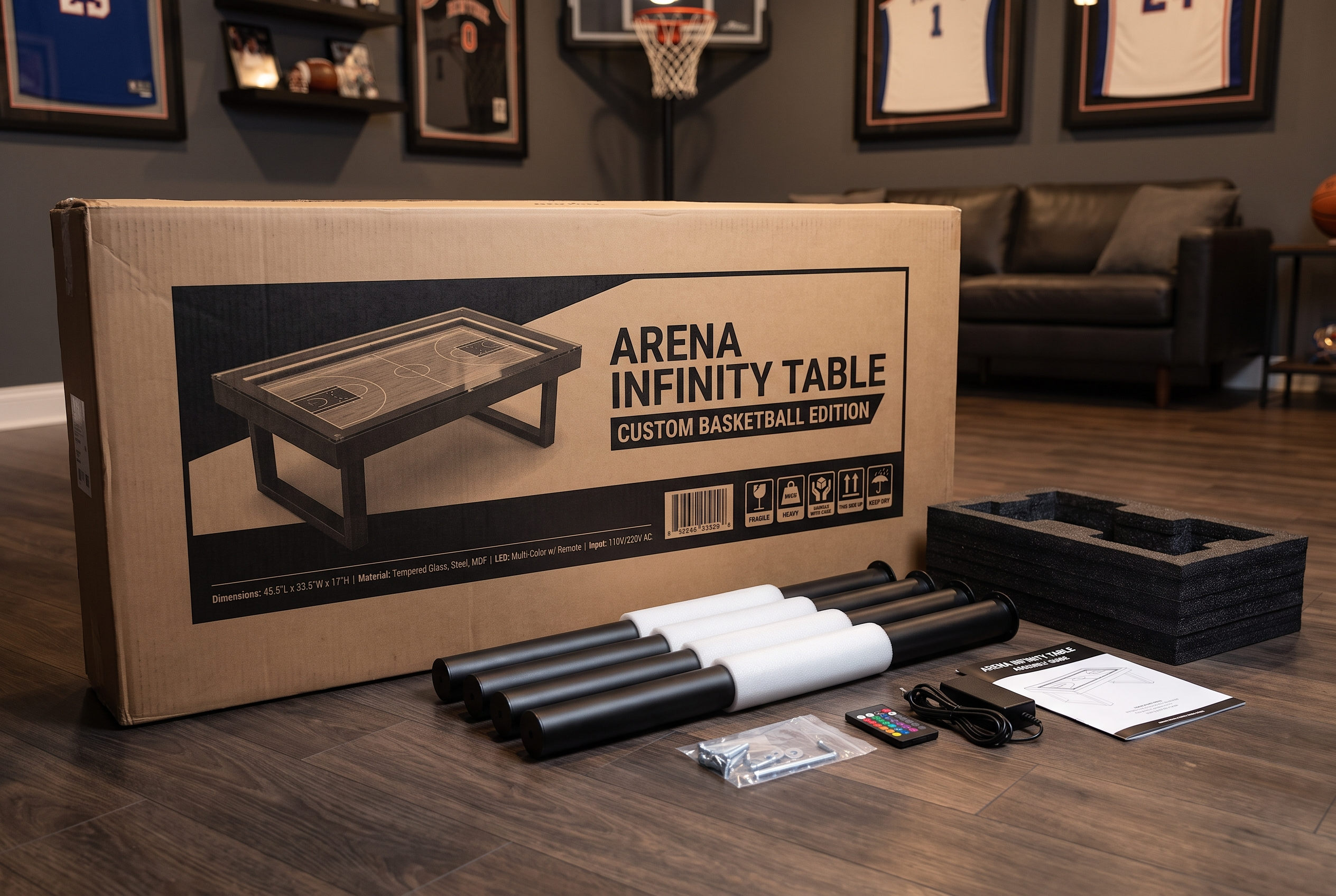 Arena Infinity Table shipping package and assembly parts